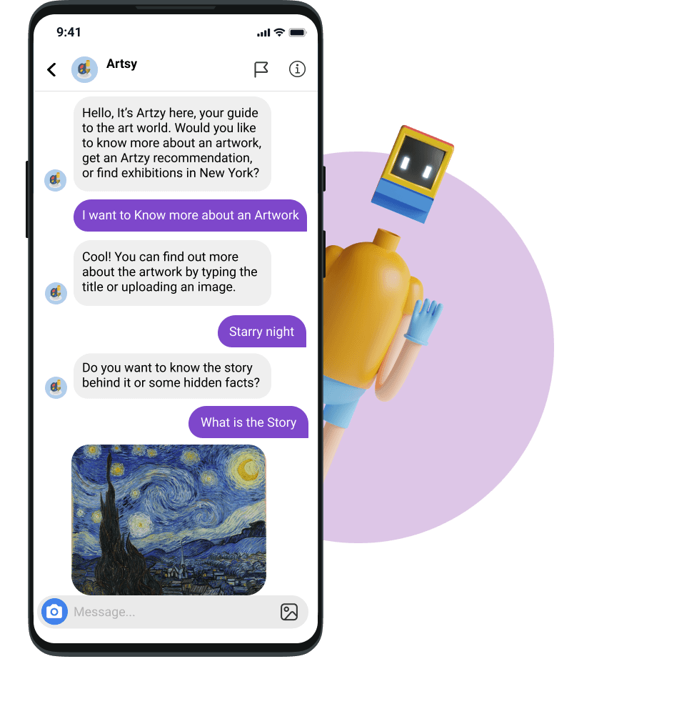Artsy chatbot conversation about The Starry Night, next to a 3D robot character