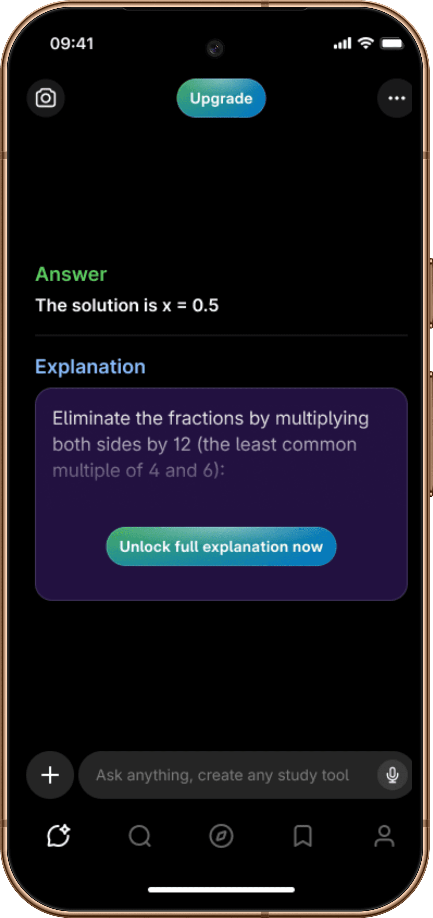 Baseline AI gate: a solved equation with the explanation blurred behind an “Unlock full explanation now” button