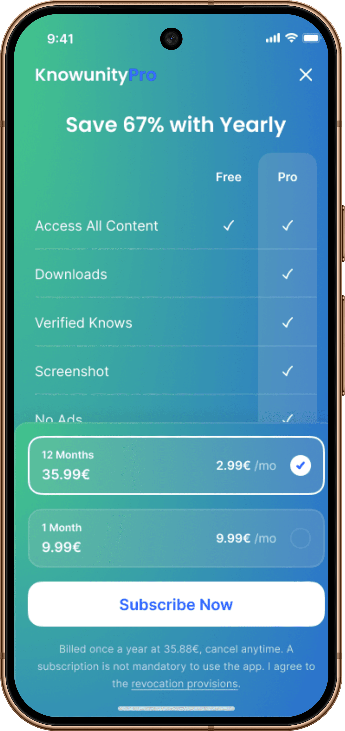 Baseline paywall: “Save 67% with Yearly”, a Free vs Pro feature table, and a 12-month plan at 35.99€