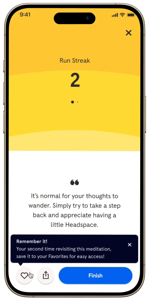 Headspace end-of-session card: after a meditation, a “Remember it!” tip suggests saving it to Favorites, and the heart button fills