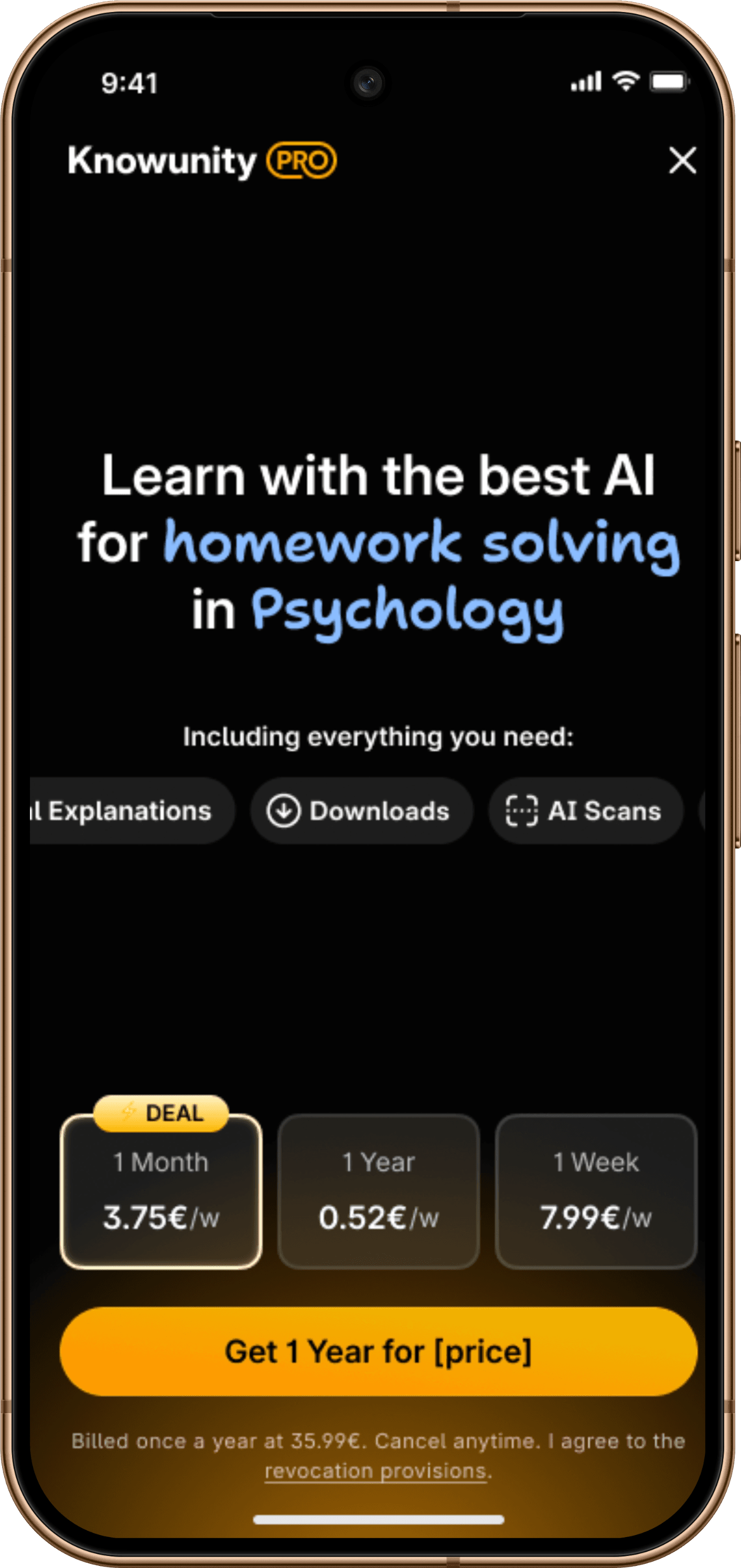 Redesigned Pro paywall: “Learn with the best AI for homework solving in Psychology”, with 1-month, 1-year and 1-week plans