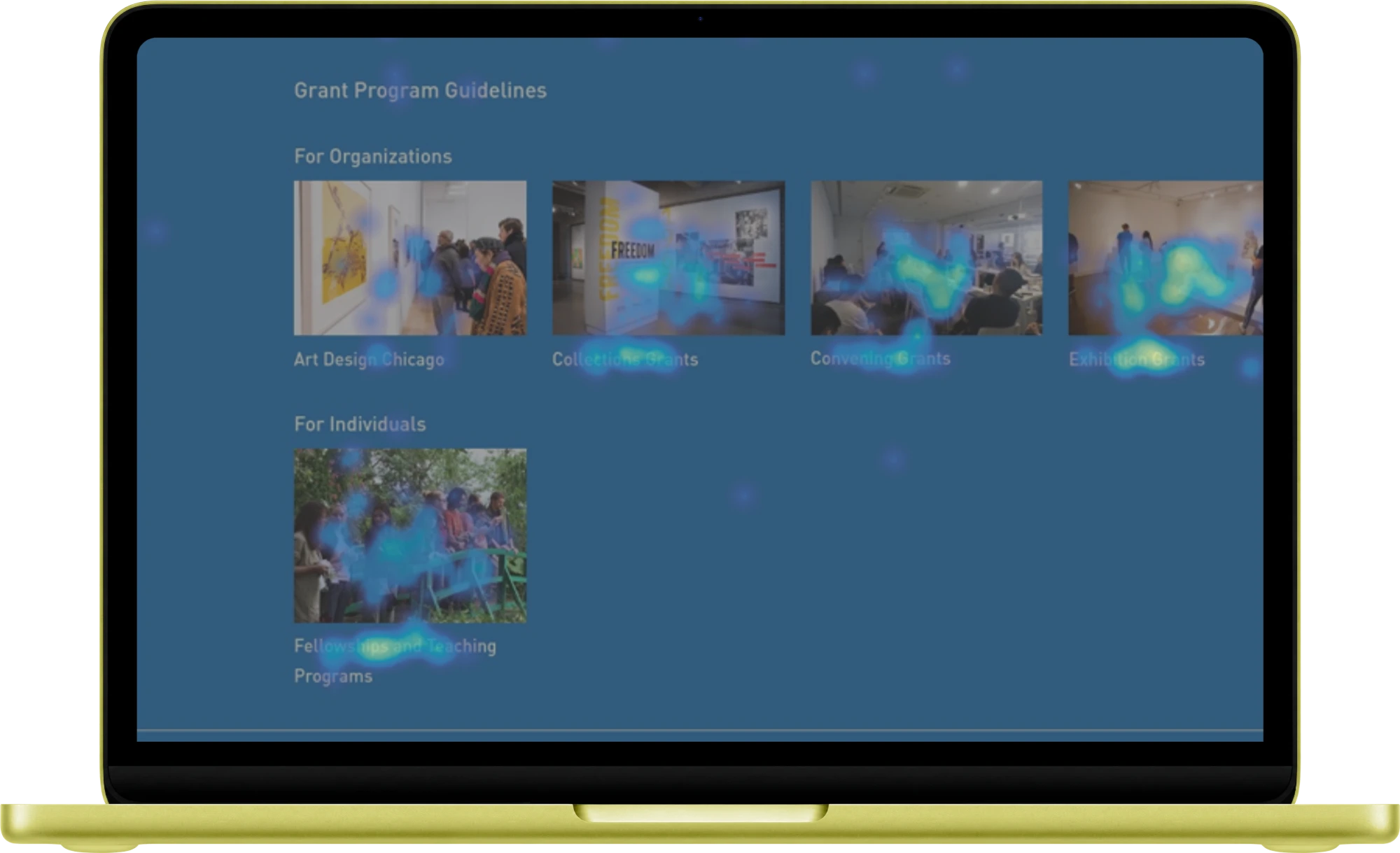 Laptop showing Terra Foundation's Grant Program Guidelines page with an attention heatmap over the grant categories