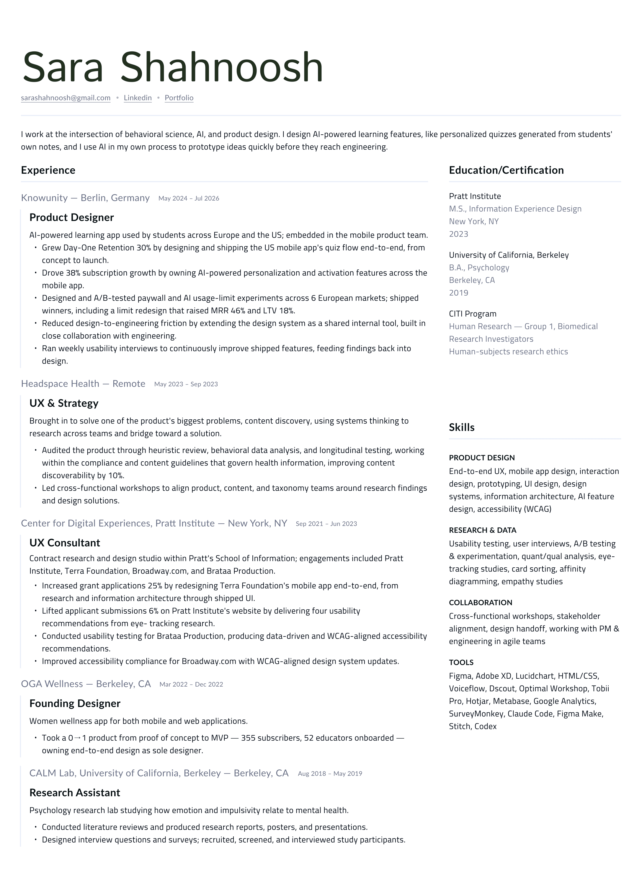 Sara Shahnoosh's one-page resume: Product Designer at Knowunity, UX & Strategy at Headspace Health, UX Consultant at Pratt's Center for Digital Experiences, Founding Designer at OGA Wellness and Research Assistant at UC Berkeley's CALM Lab; M.S. Information Experience Design (Pratt) and B.A. Psychology (UC Berkeley); skills in product design, research and collaboration. Download the PDF for the full text.