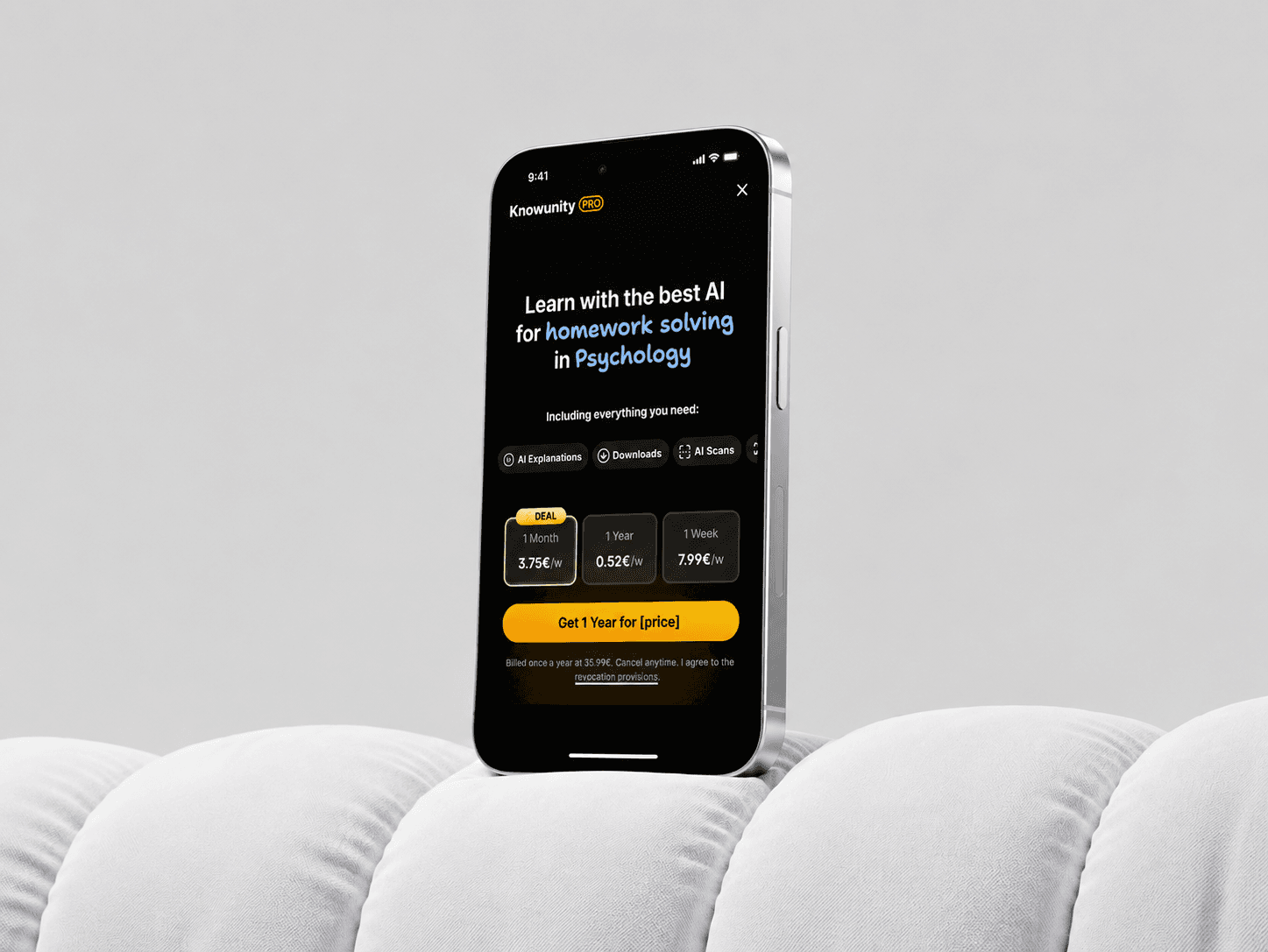Knowunity Pro paywall on a phone standing on a white padded surface
