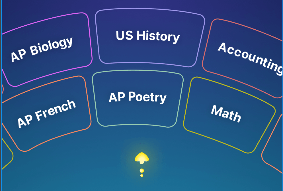 Subject picker wheel: curved cards for AP Biology, US History, Accounting, AP French, AP Poetry and Math on a dark blue background